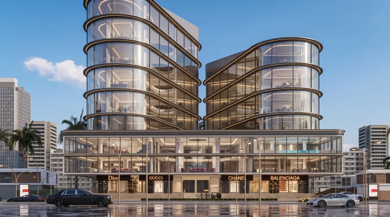 Futuristic hotel facade exterior design in Jeddah, Saudi Arabia.