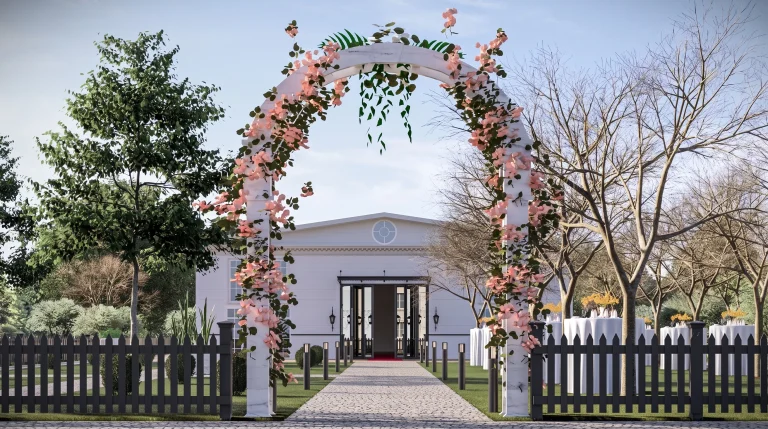 Luxury wedding marquee exterior with floral entrance arch.