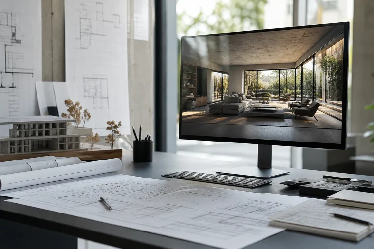 Architectural drawings and a photoreal 3D render on a production desk.