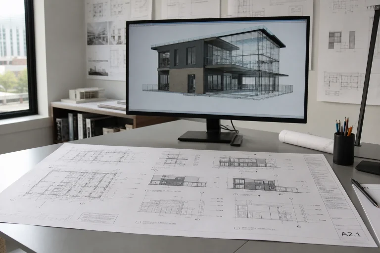 Architectural CAD drawings and a BIM model produced to a studio’s title block and standards.