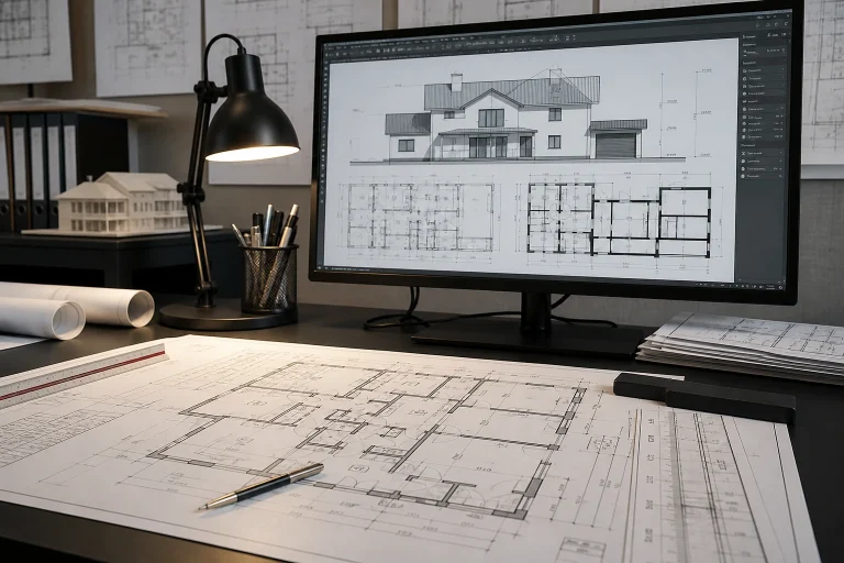 Professional CAD drafting sheets and construction drawings.