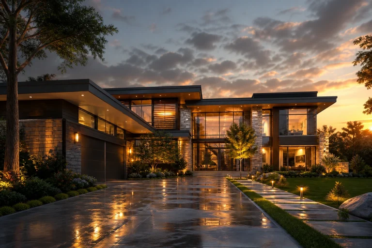 Photoreal evening exterior 3D architectural rendering.